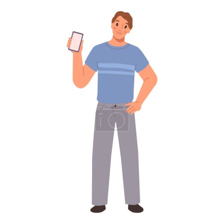 Illustration for Cartoon man advertising smartphone, comic character with mobile phone. Young man show phone screen, male hold smartphone in hand, presentation information, empty display - Royalty Free Image