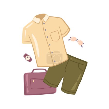 Illustration for Male summer clothing and fashion accessories as bag, watch and summertime glasses in flat cartoon style. Stylish t-shirt and shorts, apparel for vacation vector illustration - Royalty Free Image
