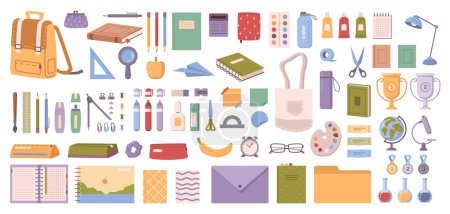 Illustration for Back to school, supplies icons set. Bag, ben and pencil, envelope and ruler, pencil and eraser, scissors and brush flat cartoon mathematical objects set. Doodle of scissors and globe - Royalty Free Image