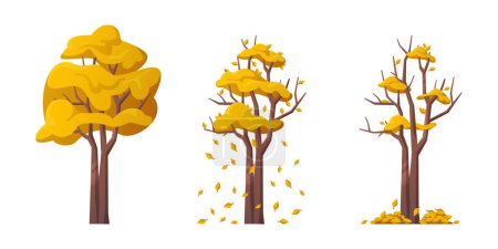 Illustration for Tree during autumn season, isolated deciduous perennial plant with falling yellow leaves. Strong gust of wind and weather change, falling down leaves. Vector in flat style - Royalty Free Image
