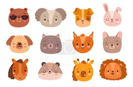 Illustration for Animals face stickers. Cute animal kawaii funny emoji or avatar of bear, elephant and dog, rabbit and cat, raccoon, horse, lion and squirrel. Cartoon comic kitten and puppy, character doodle emotion - Royalty Free Image