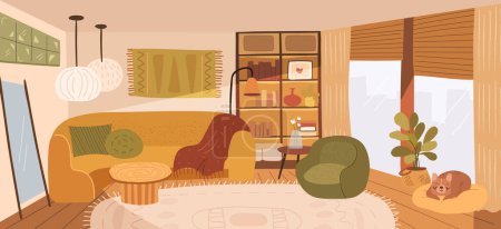 Ilustración de Salón moderno con muebles y cortinas en ventana panorámica, diseño de dibujos animados planos. Ilustración vectorial del interior del salón vacío con sofá, silla, gabinete, gato en sillón, alfombra - Imagen libre de derechos