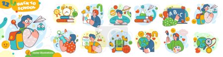 Illustration for School time for students with books and backpacks going to classes. Vector flat characters learning and studying disciplines, obtaining knowledge in university or college, cartoon set - Royalty Free Image
