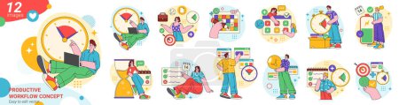Illustration for Employees efficiency and workflow productivity. Vector flat flat cartoon characters working on laptops, scheduling meeting and completing projects in deadline time frames - Royalty Free Image