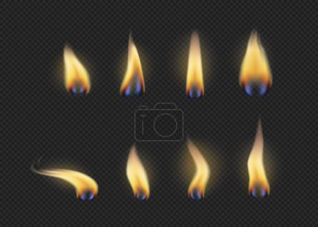 Illustration for Candlelight burning flames and fire glowing and sparkling. Vector candle light illuminating brightness and heat. Realistic flash and glare from ignition moved by wind or blowing out - Royalty Free Image