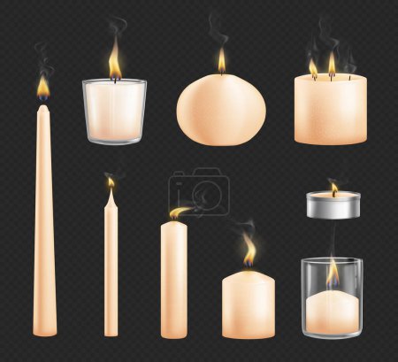 Illustration for Scented aromatic wax or paraffin candles in different styles and shapes. Vector candlelight with smoke, melting pillar and taper, votive and tealight. Realistic multi wick candle - Royalty Free Image