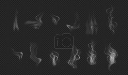 Illustration pour Fumée de bougie, vapeur ou brouillard provenant de l'extinction des flammes par la mèche. Vecteur réaliste nuage fumé ou effets de regard, petites bouffées ou des tourbillons de fumée, isolé sur fond transparent - image libre de droit
