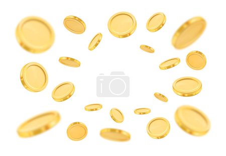Illustration for Splash of empty coins, positions of animated money, realistic golden coin animation. Vector financial assets, side and back, different animated positions. Treasure and earnings, savings - Royalty Free Image