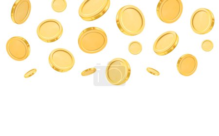 Illustration for Splash of empty coins, positions of animated money, rain of dropping stacks. Vector falling golden coins background, savings and earnings, salary backdrop. Shiny gold coins - Royalty Free Image