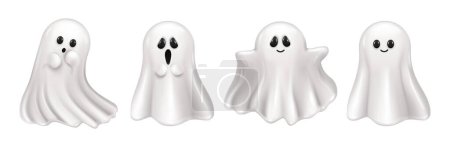 Illustration for Ghost or phantom character with cute smiley face. Vector supernatural personage for Halloween celebration, haunted house poltergeists fantasy monsters. 3D isolated characters - Royalty Free Image