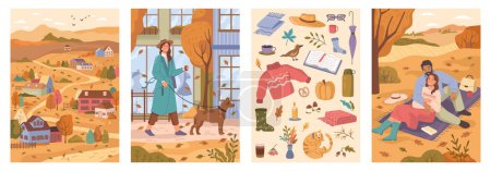 Illustration for Autumn mood background set. Vector trees with falling leaves, village houses and woman walking with dog. Couple in love on picnic, fall stickers and autumn atmosphere - Royalty Free Image