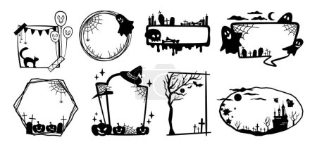 Illustration for Halloween party frames, black background with creepy cat, pumpkin and ghost, castle silhouette and spider web, cemetery graveyard photo frame, spooky decoration - Royalty Free Image