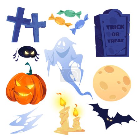 Illustration for Tombstone and cross from cemetery, Halloween pumpkin light and candies. Vector flat full moon and spider, flying bat and melting candles, holiday celebration. Party decoration - Royalty Free Image