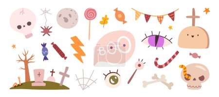 Illustration for Vector set cute Halloween icons ghosts, skull and grave stone, cross and eye, candy and party garland. Halloween candles, holiday decorations for greeting card, bones and moon, spider web - Royalty Free Image