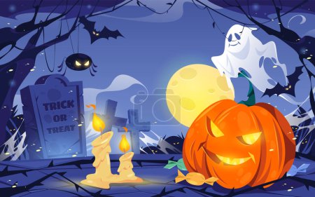 Illustration for Spooky cemetery with full moon, tombstones and candles, ghosts and spiders, pumpkin light and candies. Vector flat trick or treat holiday celebration. Halloween party setting - Royalty Free Image
