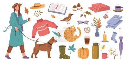 Illustration for Warm autumn clothes and accessories. Cartoon flat vector illustration set. Woman walking with dog, sweater and hat, cat and yellow pumpkin. Open book, cup of coffee and umbrella icon - Royalty Free Image