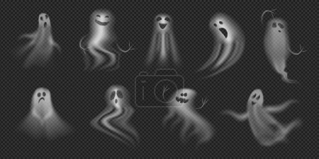 Téléchargez les illustrations : Fantômes d'Halloween et apparitions de fumée avec flou. Vecteur hantés esprits de maison et poltergeists, fantômes et créatures surnaturelles avec des visages hurlants. Horreur et peur - en licence libre de droit