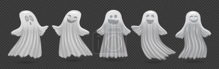 Illustration for Halloween ghosts and apparitions with eerie smiles and laughter on faces. Vector personages from haunting house, paranormal spirits and creatures on transparent background - Royalty Free Image