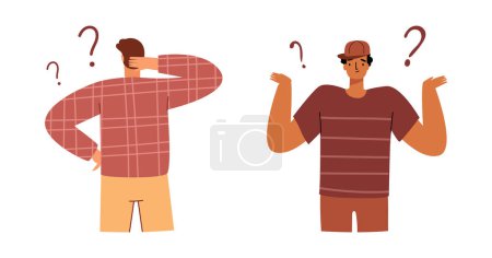 Illustration for Puzzled man with question mark above head don t know what to do. Vector illustration of male searching answers, faq questions from successful leader, businessman cartoon character - Royalty Free Image