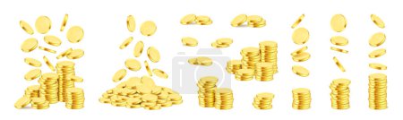 Téléchargez les illustrations : Pièces d'or, pile d'argent jaune vide, monnaie d'argent réaliste en pile, trésor d'or en espèces. Bénéfices vectoriels en épargne d'entreprise et de fortune, croissance du capital et des revenus, épargne et dépôts - en licence libre de droit