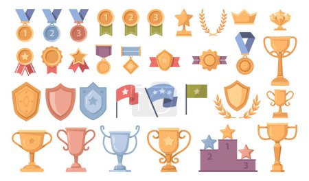 Illustration for Set of trophy or awards for winners isolated. Golden, silver and bronze medals, cups and badges vector flat cartoon illustration. Championship and triumph symbols of success - Royalty Free Image