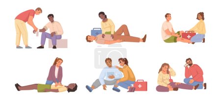 Illustration for First aid medical procedures, flat cartoon people set. 911 or 112 ambulance and paramedics with patient. Emergency and resuscitation. Heart massage, rescue training, cpr recent scenes - Royalty Free Image