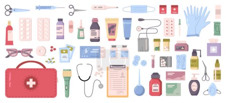 Illustration for First aid kit flat cartoon icons set. Vector medical supplies, bandage and adhesive plaster, painkiller and wipes, medical scissors and antipyretic pills, clinic thermometer, ice gel pack illustration - Royalty Free Image