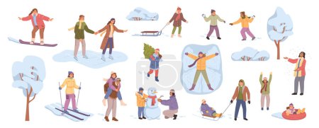 Ilustración de Gente de dibujos animados haciendo actividades deportivas de invierno y divirtiéndose en vacaciones de Navidad. Descanso extremo, esquí y snowboard. Hombres y mujeres lindos aislados en ropa de invierno caliente afuera, conjunto de vectores - Imagen libre de derechos