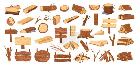 Illustration for Wood tree logs, stumps and trunks, wooden pieces flat cartoon vector illustration. Lumber and firewood cut branches, lumberjack materials, campfire and woodwork planks big set collection - Royalty Free Image