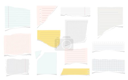 Illustration for Ripped pieces of paper from notebook or textbook, flat cartoon vector illustration set. Isolated torn paper for writing down info, empty memo or sticky notes notepaper with borders - Royalty Free Image