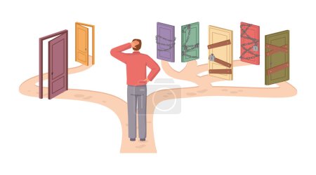 Illustration for Two mutually exclusive paths to choose from, man choosing between easy and difficult way, many doors and one. Freedom of making choice, changes flat cartoon vector illustration - Royalty Free Image