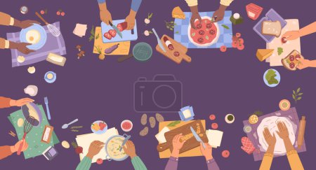 Illustration for Cooking dinner, breakfast or lunch, hands preparing food, soup, pizza and vegetables flat cartoon vector illustration. Kitchen cooking utensils, frying eggs and making dough, baking processes - Royalty Free Image