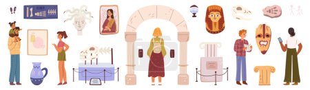 Illustration for Museum exhibition and visitors flat cartoon icons set. Gallery exposition, people and modern art drawings, artwork exhibit. Ancient Egypt monuments, mythical gods and man and woman guide - Royalty Free Image