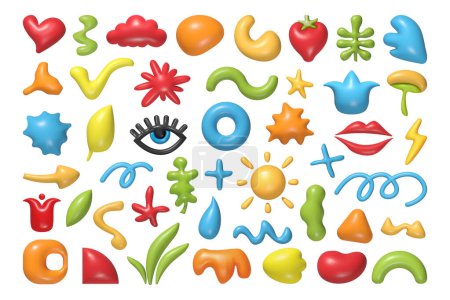 Illustration for Abstract shapes cartoon elements in 3D style. Vector flowers and clouds, fruits and colorful shapes, sun and glass, lips and mushroom, thunder and bolt multicolor trendy objects - Royalty Free Image