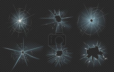 Illustration for Cracked glass in realistic design on transparent background. Vector cracked screen, shattered mirror, destruction windshield. Texture of broken window, smashed screen effect, bullet holes - Royalty Free Image