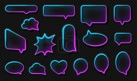 Illustration for Thought bubble or chat box container with neon effect, realistic illustration collection. Isolated fluorescent sparkling and glowing chat banners and shapes, comments and message balloon - Royalty Free Image