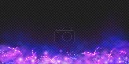 Illustration for Smoke with lightning or electric discharge on bottom, realistic illustration. Neon effect, glowing lights and illumination with sparks and ignition. Laser and fog or mystical smoke - Royalty Free Image