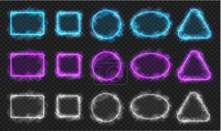 Illustration for Frames and borders with copy space and neon smoke effect, realistic illustration collection. Isolated empty and blank container, rectangular and squared, triangles and circles with led line - Royalty Free Image