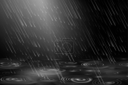 Illustration for Downpour rainy weather with heavy rain and droplets, realistic illustration. Puddle and moisture, seasonal monsoon or storm with shower and flood. Liquid splashes and drop traces on water background - Royalty Free Image