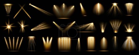 Illustration for Limelight and spotlight for stage or scene, realistic illustration collection. Isolated golden illumination with dust effect. Brightness and highlight, sparkling and glowing show beam - Royalty Free Image