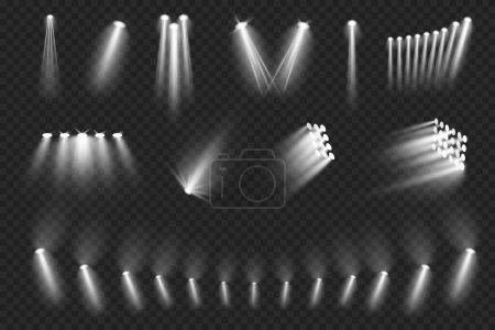 Illustration for Spotlights and illumination for stadium or arena, realistic illustration collection. Bright lights and glowing for focus and attention. Projectors for stage or special even show occasion - Royalty Free Image