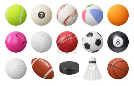 Balles et fusées sportives réalistes, rondelle de hockey, équipement 3D pour le football, le football, le baseball, le golf et le tennis. Illustration vectorielle des balles pour les activités sportives et les jeux professionnels