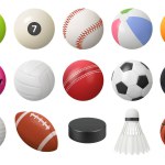 Realistic sport balls and rockets, hockey puck, 3D equipment for football, soccer, baseball, golf and tennis. Vector set illustration of balls for professional sport activities and games