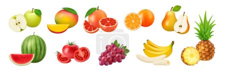 Illustration for Summer realistic fruits 3D vector illustration set. Apple and mango, grapefruit and orange, pear and watermelon, tomato and grape, banana and pineapple whole and cut healthy vegetarian food - Royalty Free Image