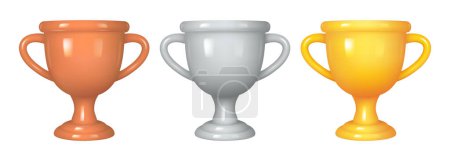 Illustration for Trophy cup golden, silver and bronze prize 3D set in realistic style. Vector illustration of winner prize, sport award, success concept. Competition, tournament and championship goblet - Royalty Free Image