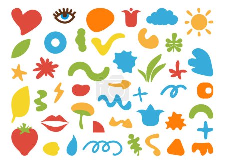 Illustration for Abstract shapes cartoon elements in flat style. Vector thunder and bolt multicolor trendy objects, flowers and clouds, fruits and colorful shapes, sun and glass, lips and mushroom - Royalty Free Image