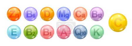 Illustration for Vitamins and nourishment supplements for body health, realistic illustration collection. ZN zinc and CA calcium, MG magnesium and B12 elements for organism wellbeing. Isolated icons - Royalty Free Image