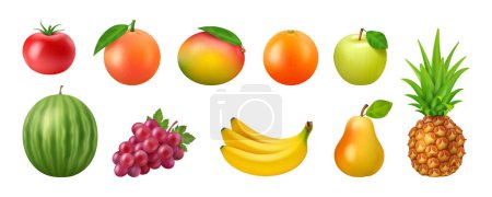 Téléchargez les illustrations : Fruits mûrs ensemble d'illustration vectorielle 3D réaliste, saine alimentation. Tomate, pamplemousse pomme et mangue, pastèque et orange, poire et raisin, banane et ananas végétarien entier - en licence libre de droit