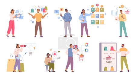 Illustration for Consumer behavior, consumer motivation, purchasing habit, flat cartoon people. Buyer person and purchase decision process, marketing and competitor research, shopper habits, targeting strategy vector - Royalty Free Image