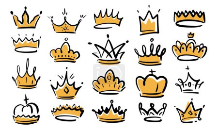Illustration for Golden crown head tiara, diadem or decal doodle, royal accessories flat cartoon icons set. Doodle crowns line art king or queen crows sketch. Set of retro medieval crowns, emperor luxurious symbols - Royalty Free Image